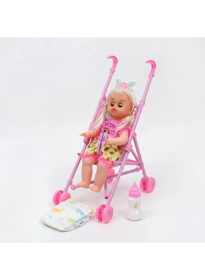 Baby Doll Stroller Playset with Accessories – Foldable Toy Buggy, Feeding Bottle & Diaper – Realistic Pretend Play Gift for Kids & Toddlers - Image 2